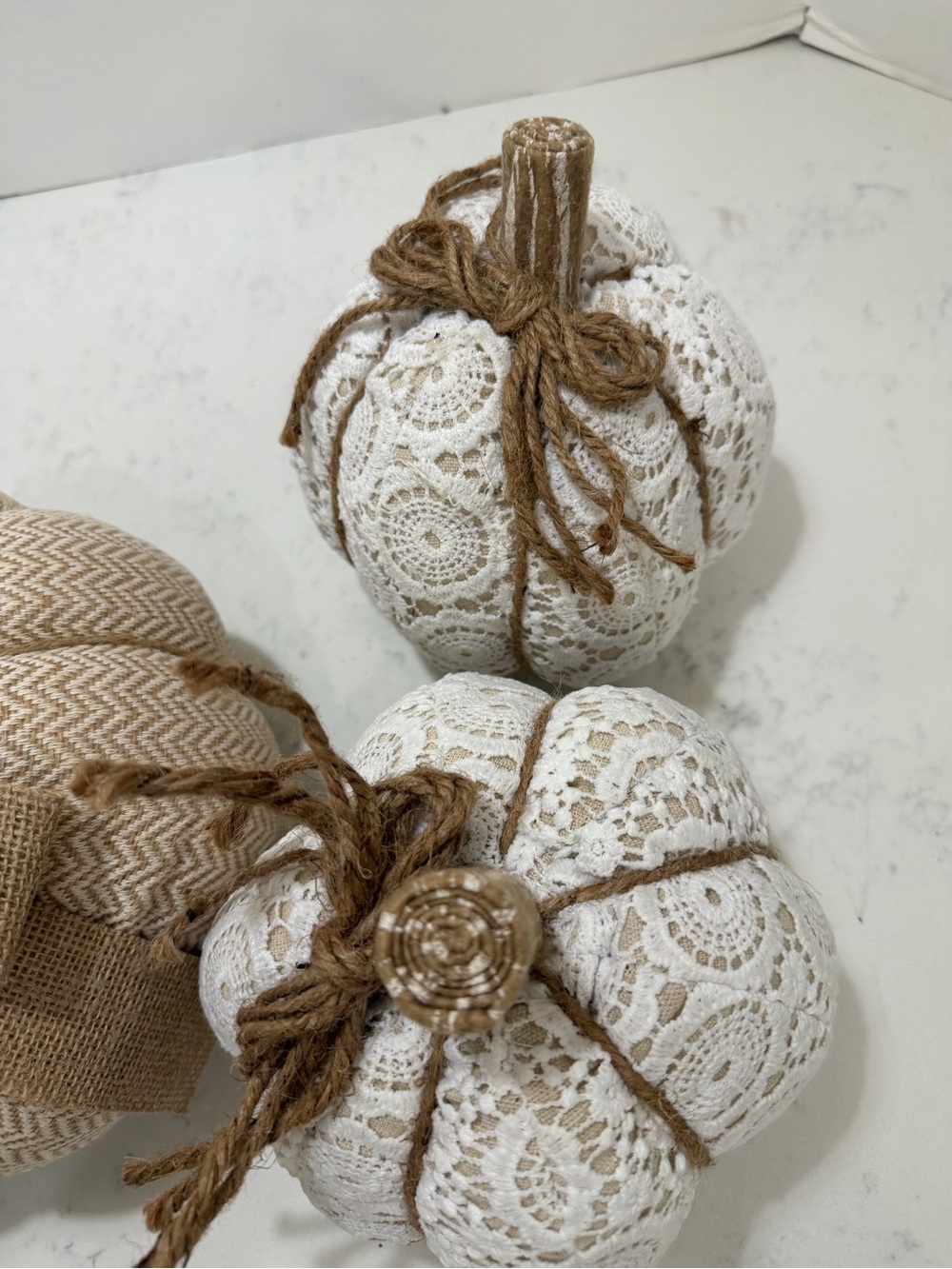 Neutral Lace and Burlap Decorative Pumpkins - Set of 3 - Picture 9 of 13